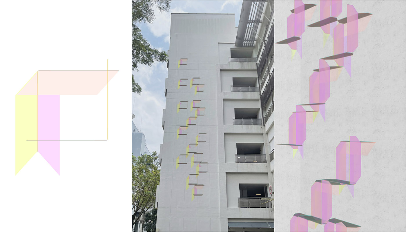 Three views of cube-shaped glass structures proposed by artist Grace Tan for installation on an external wall, that make yellow, pink and peach shadows.