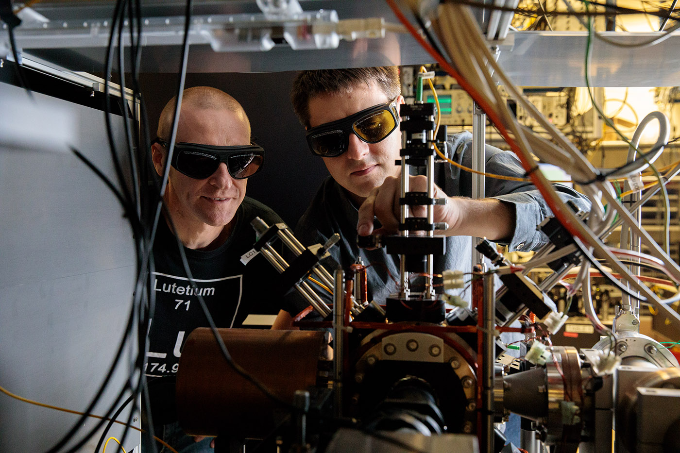 Close-up view of vacuum chamber in atomic clock setup