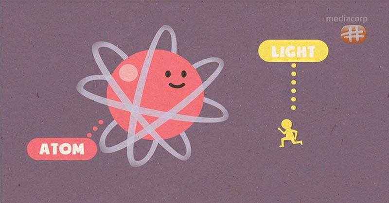 Screenshot of animation from Make me a Super showing a cartoon atom with a face being approached by a light particle in the shape of a person
